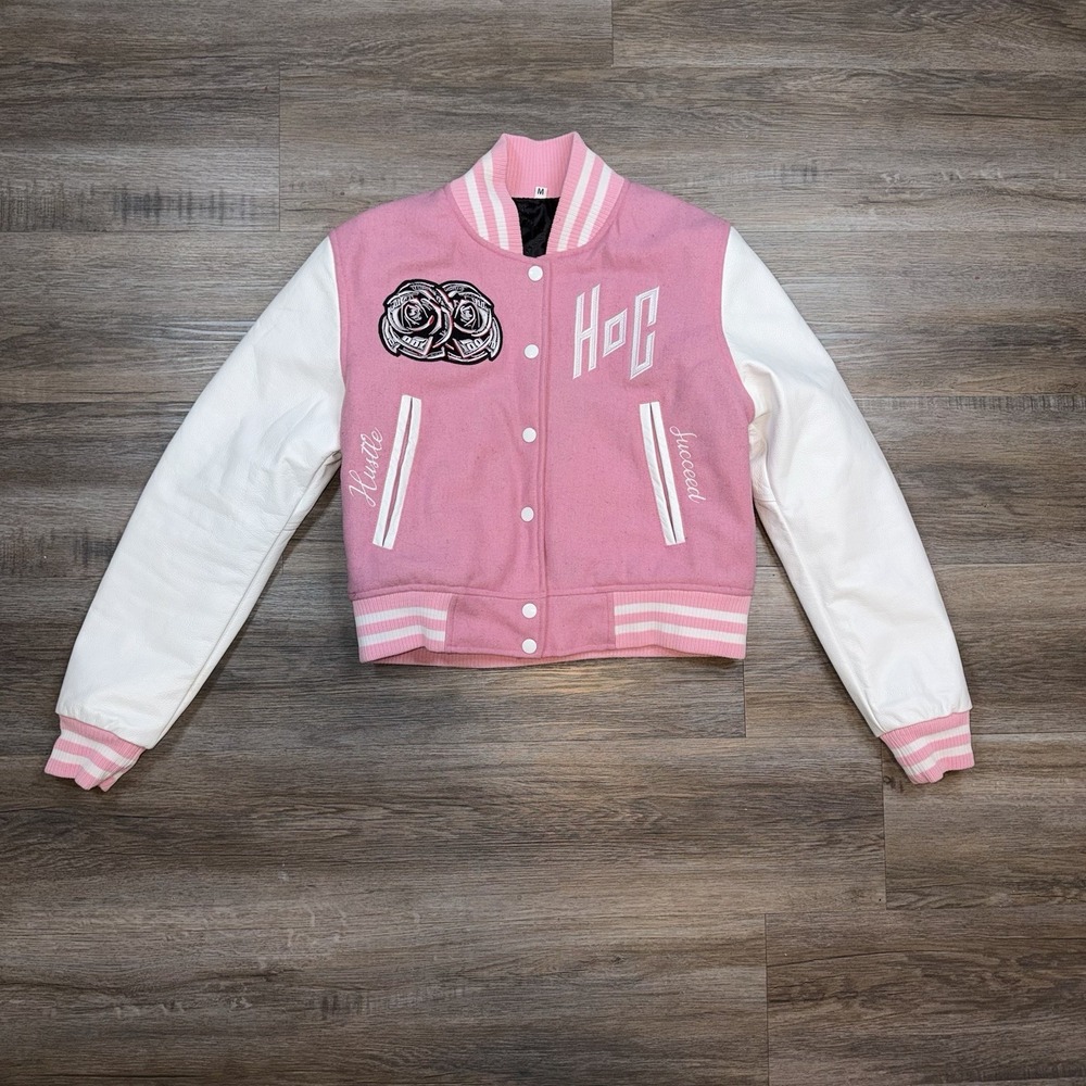 House of Cash Brand Varsity Jacket Coat Women's Medium Long Sleeve Pink White